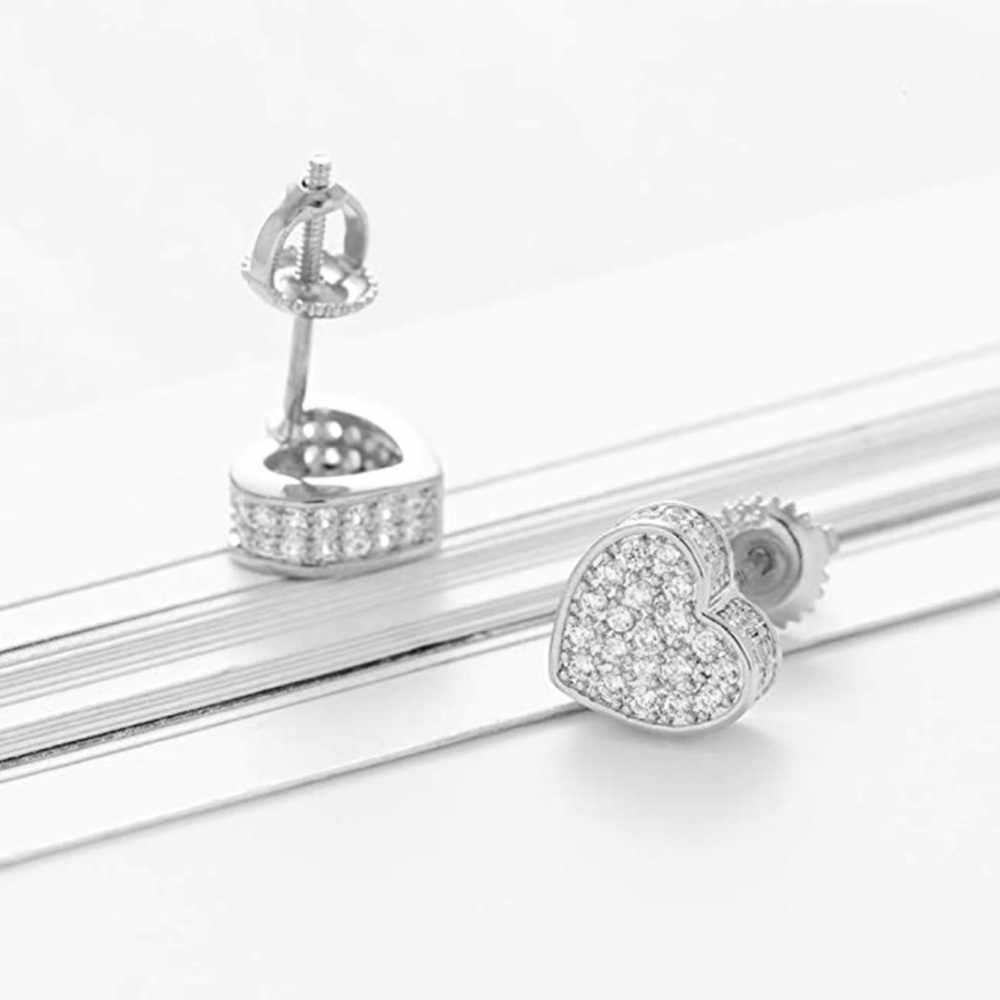 CZ Stud Heart Screw Back Earrings